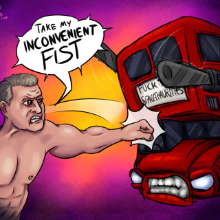 Algore The Warrior fights Slaughterbus ~ art by Sauce