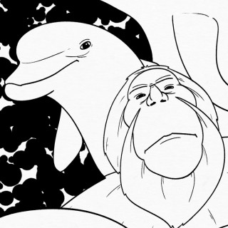 3 dolphins and bigfoot ~ art by Moxie Ramsey