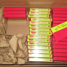 spines of Audio Garbage cassettes, in box