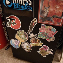 fitness center covered in a number of F+ stickers