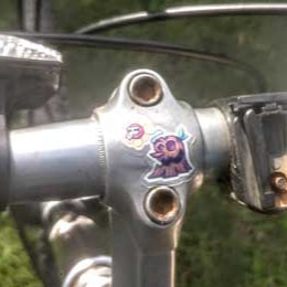 a picture of a stump sticker on a pair of handlebars